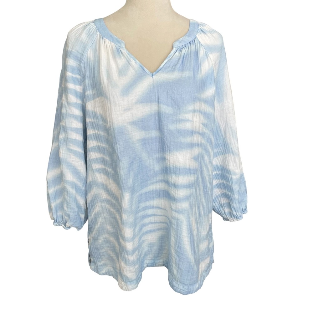 Soft Surroundings Floral White Blue Sky Top XL Ruched V-Neck Cottagecore Blouse - Picture 1 of 9